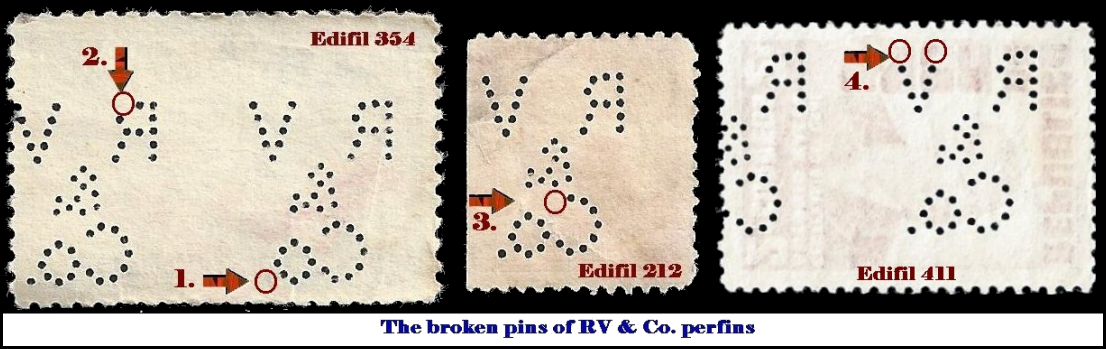 Broken Pins in RV and Co. Perfin