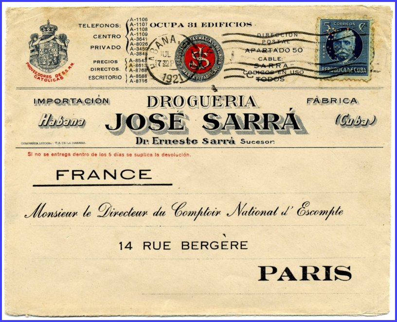 1921 SARRA Perfin Cover