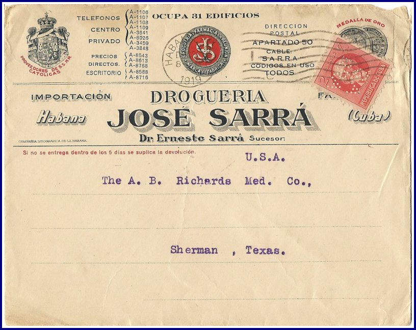 1919 SARRA Perfin Cover