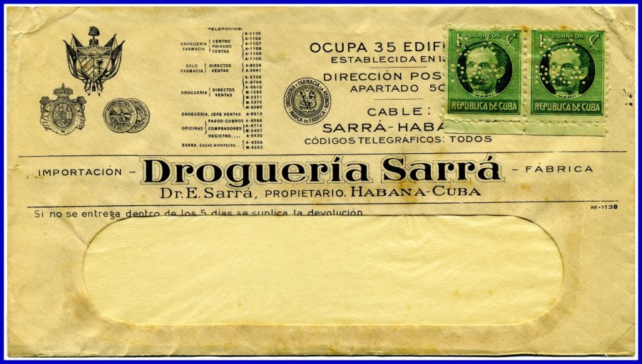 1920 SARRA Perfin Cover