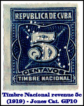 SEC perfin on timbre nacional revenue stamp