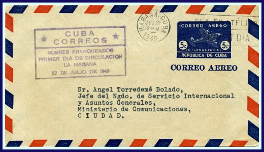 1949 - 5 centavos blue on white airmail First Day of Issue