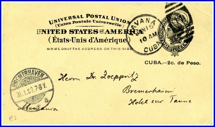 2 U.S. Liberty overprinted for Cuba - used to Germany